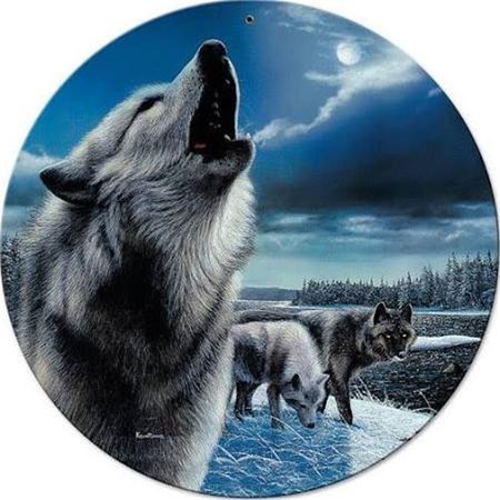 HOUSE 14 in. Wolf Night Sentries Round Metal Sign HO1123898